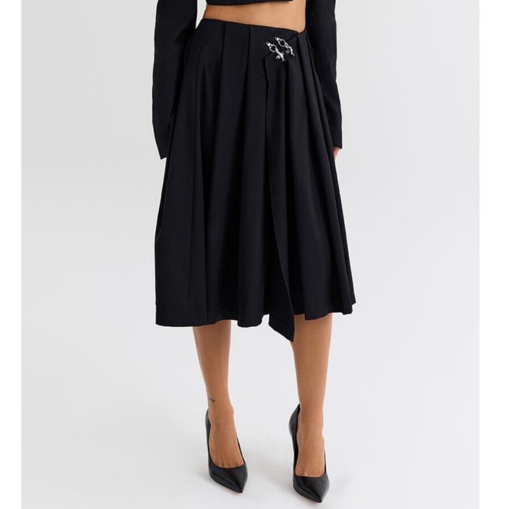NWT Mistress Rocks Black Pleated Wrap Front Midi Skirt - size M